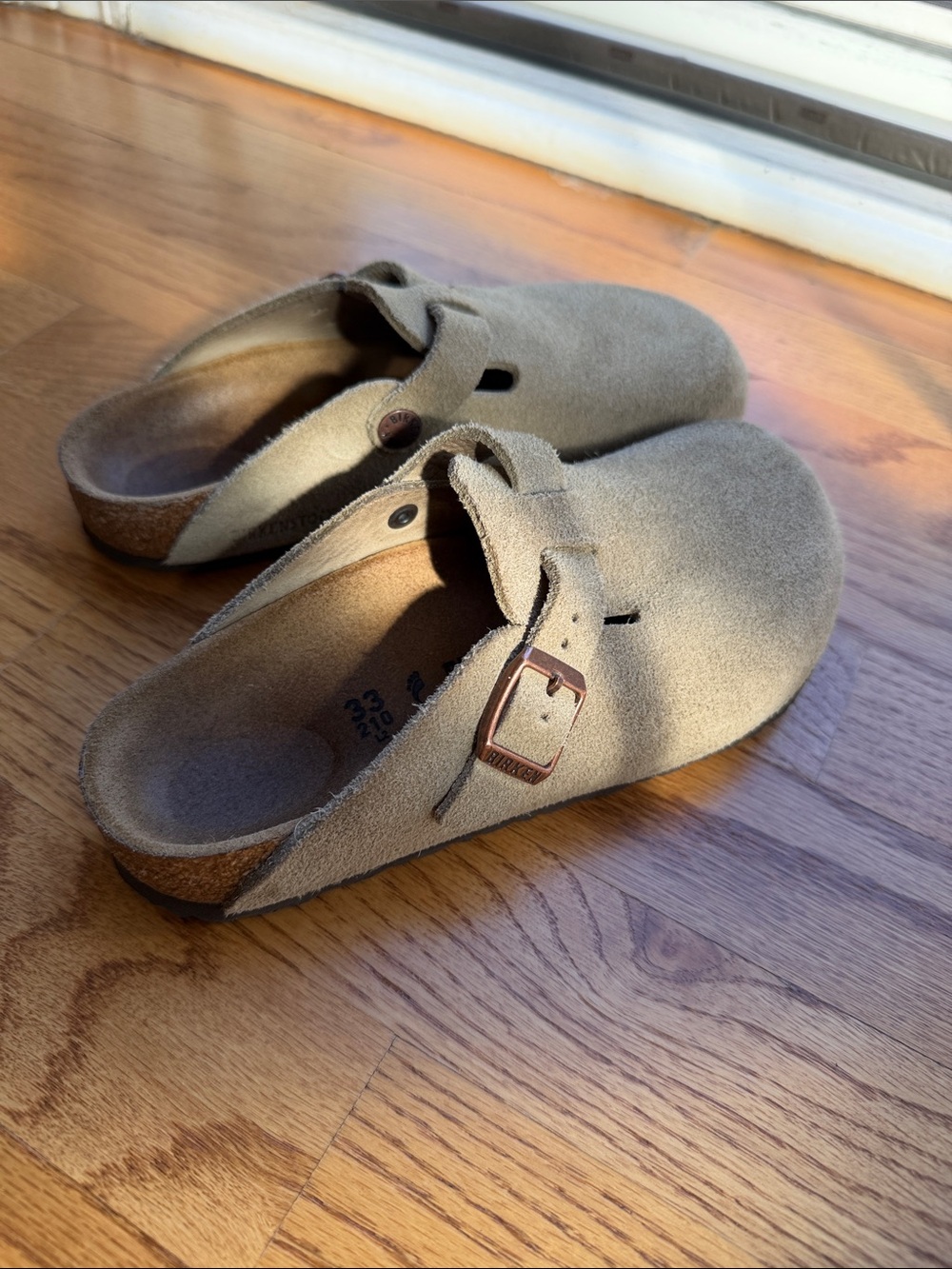 Birkenstock Kids Suede Clog in Taupe/Brown with Buckle